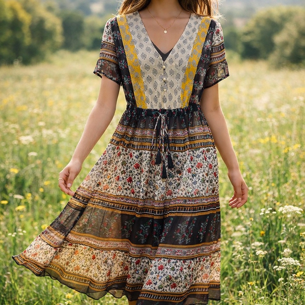 One September Anthropologie Boho Mixed Media Patchwork Midi Dress V-Neck Tassels